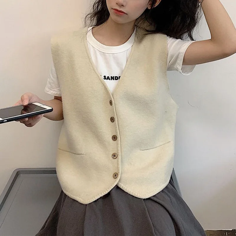 

OHRYIYIE Korean Vintage Cardigan Sweater Vest Women 2024 Solid Color All-match Cardigans Female Sleeveless V-neck Coat Vest Lady