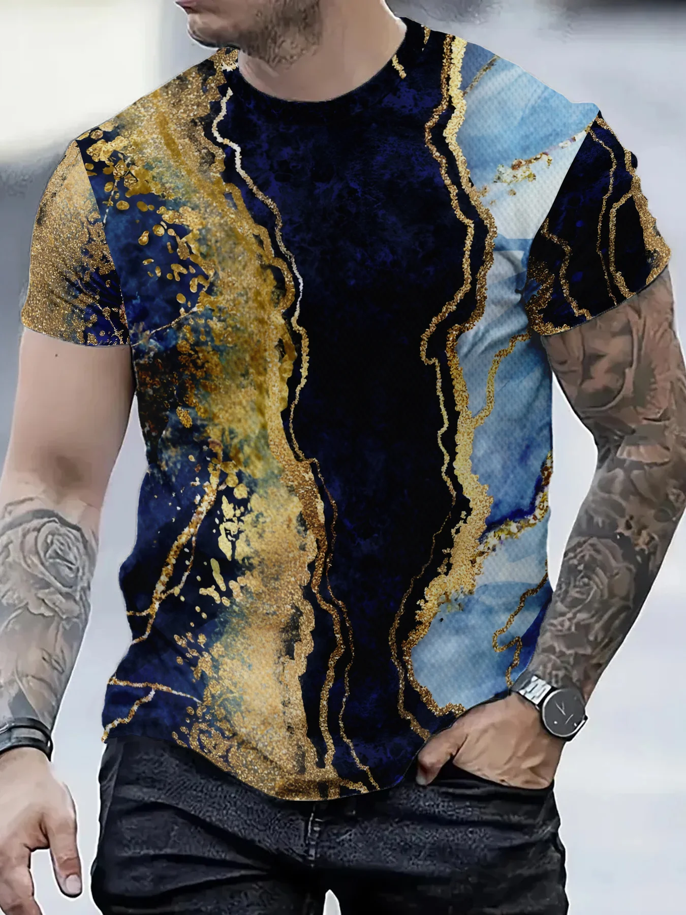 Men's Abstract Marble Gold Foil Texture T-Shirt Luxury Fluid Art Short Sleeve Fashion Daily Casual Tee