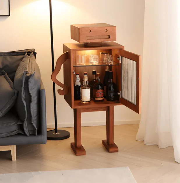 Retro Wooden Robot Wine Side Cabinet Home Decor Floor Standing Storage for Kitchen Organization Kitchen Organizer