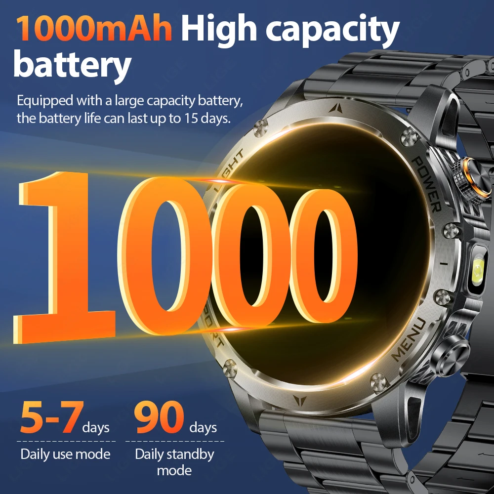 LIGE New 1000mAh Large Capacity Battery Smartwatch Men Outdoor Flashlight Bluetooth Call IP68 Waterproof Sport Fitness Watches
