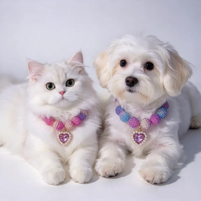 Bumpy Bead Pet Collar Necklace, Sparkly Heart Gem Pendant, Adjustable Extension Chain, Lovely Photo Prop for Small Long Fur Pets