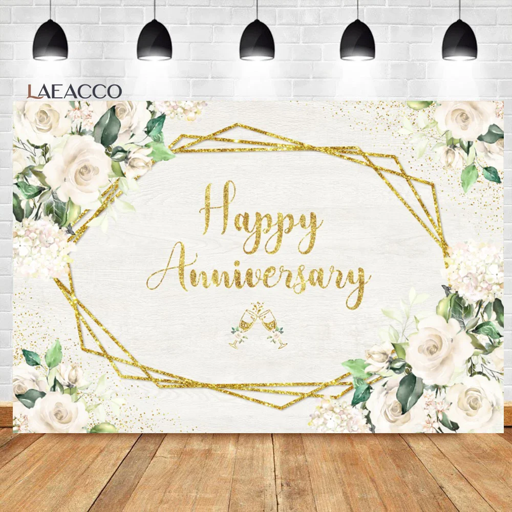 

Laeacco White Floral Happy Anniversary Backdrops Flower Love Cheers to Wedding Birthday Party Portrait Photography Background