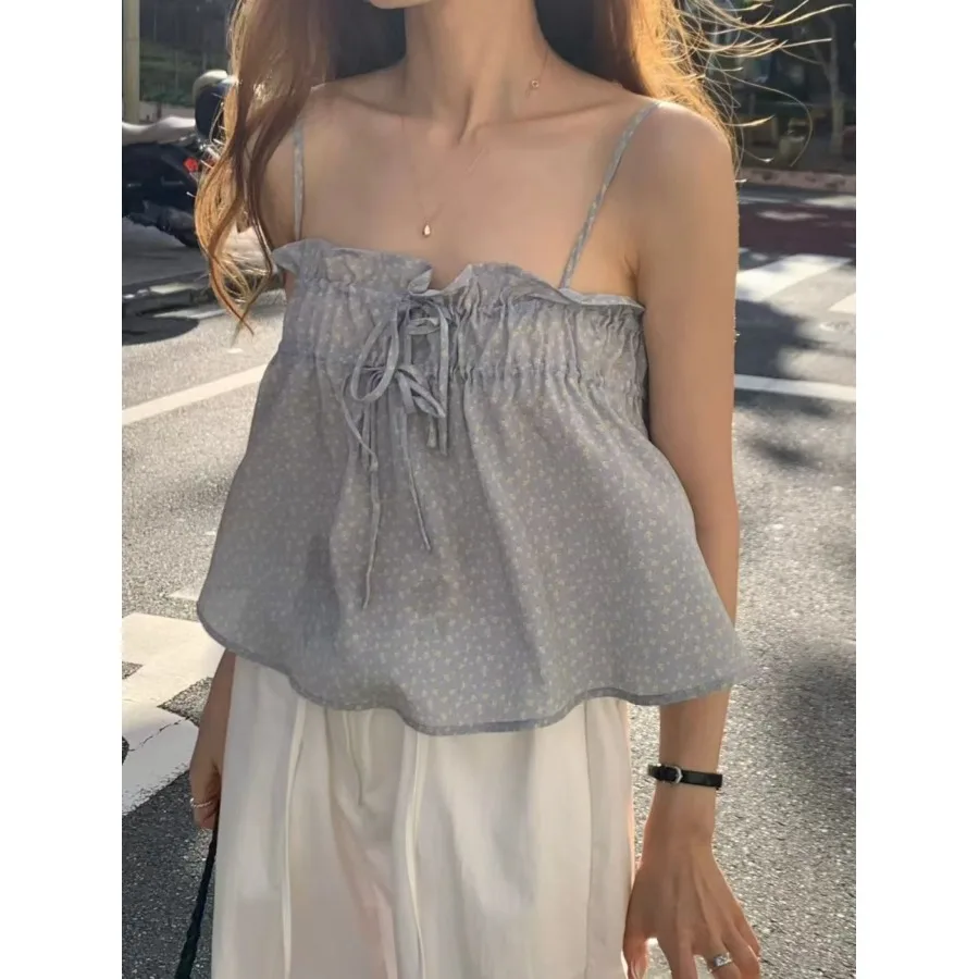 Sweet Floral Print Drawstring Strap Vest Top Women's Summer Fashion Bloggers Style Short Regular Fit Polyester Fiber