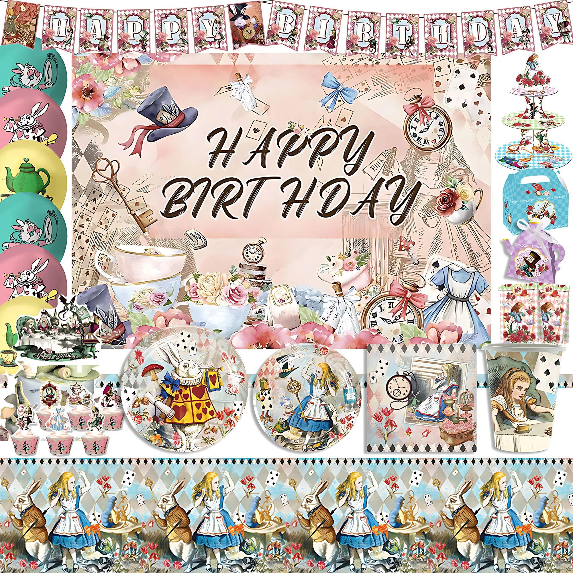 Alice in Wonderland Theme Girl Birthday Party Disposable Tableware Plate Balloon Banner Background Decoration Supplies Gift Box