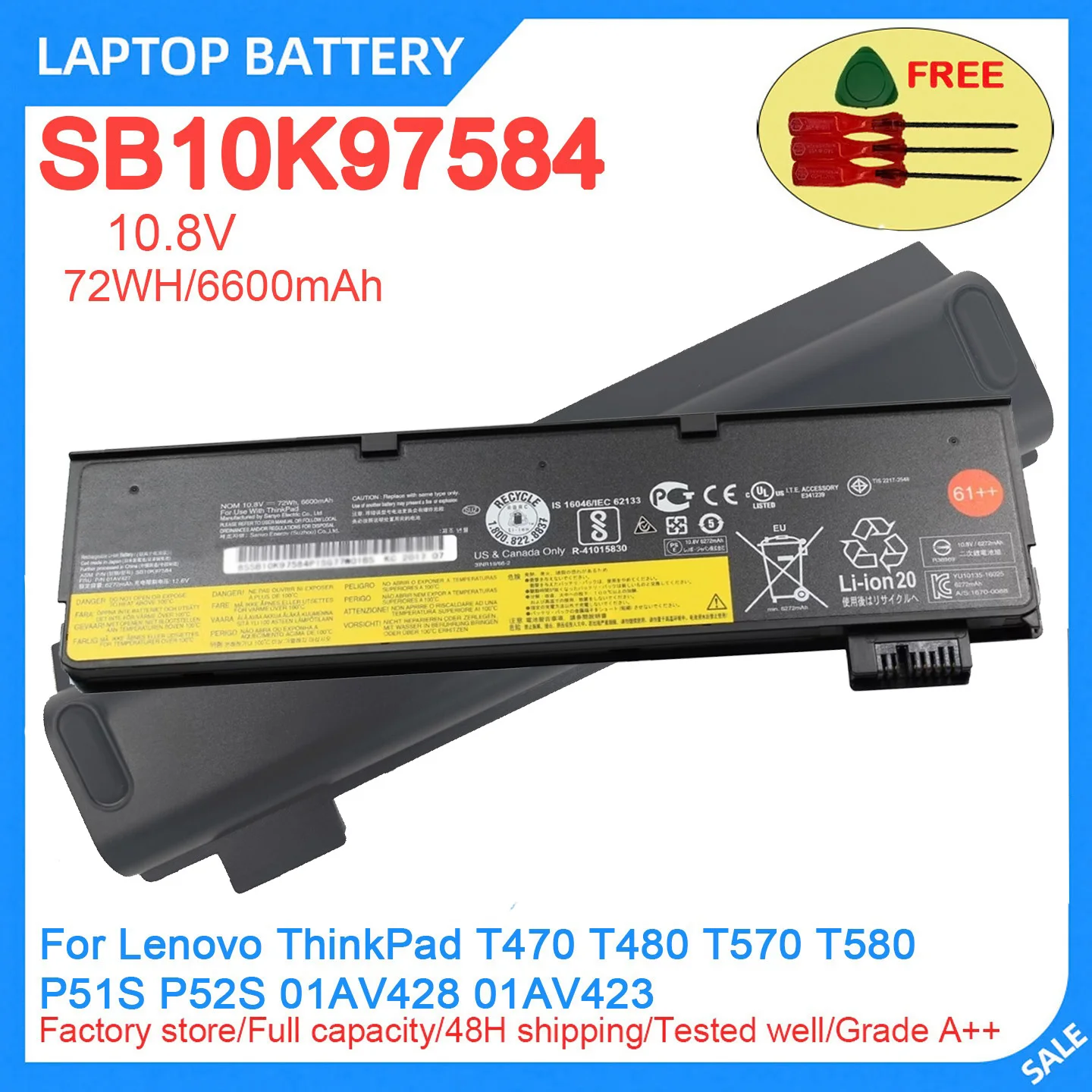 New Laptop Battery SB10K97584 01AV427 10.8V 72WH 6600mAh High Quality For Lenovo ThinkPad T470 T480 T570 T580 P51S P52S 01AV428