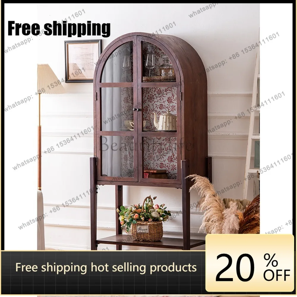 LD French Vintage Display Cabinet Glass Door Solid Wood Living Room Tall Teak Color Locker