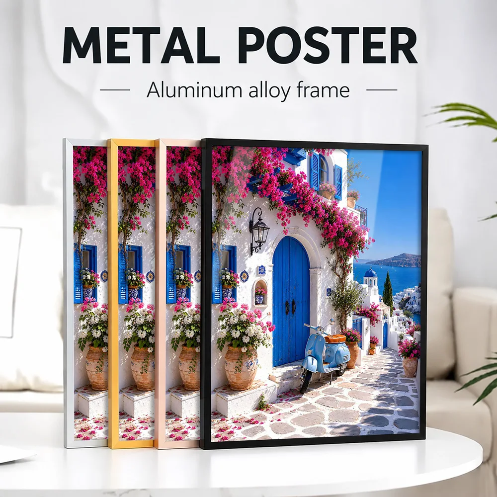Santorini Aegean Village Beauty Framed Aluminum Metal Poster Customized Photo Contemporary City Style Wall Art For Travel Room