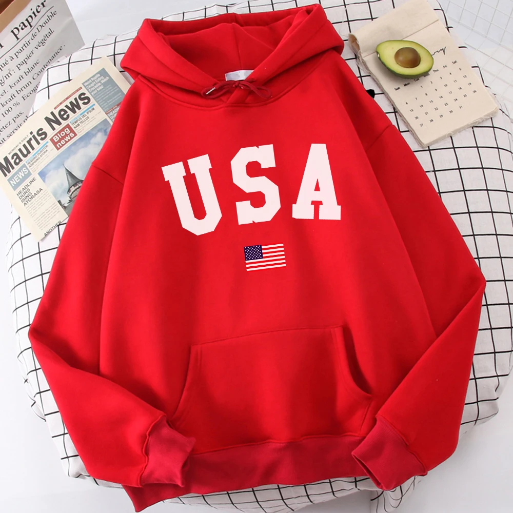 Usa American Flag Patriotic Print Women Sweatshirt Harajuku Casual Hoody Fashion Loose Hoodie Autumn Vintage Warm Female Top