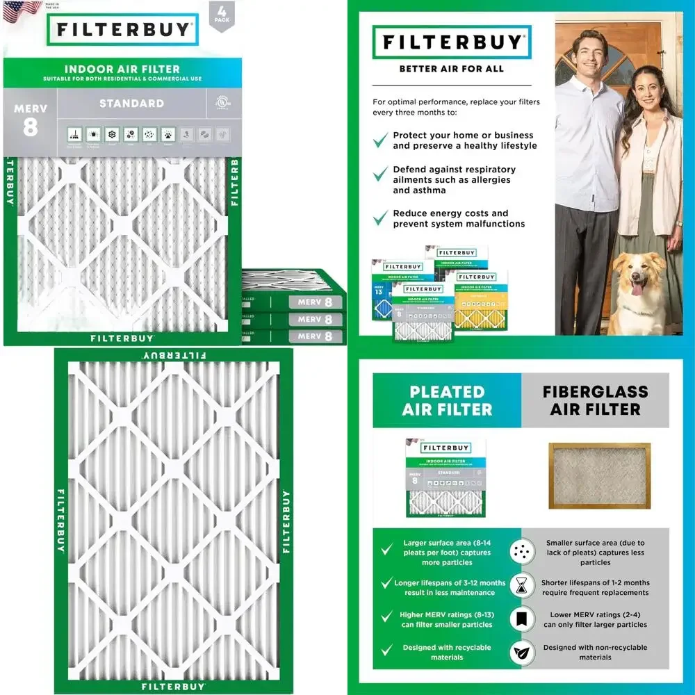 

MERV 8 Pleated Air Filter, 30x36x1, Dust & Allergy Defense, 4-Pack HVAC Replacement Filters (Actual Size: 29.81x35.81x0.75)