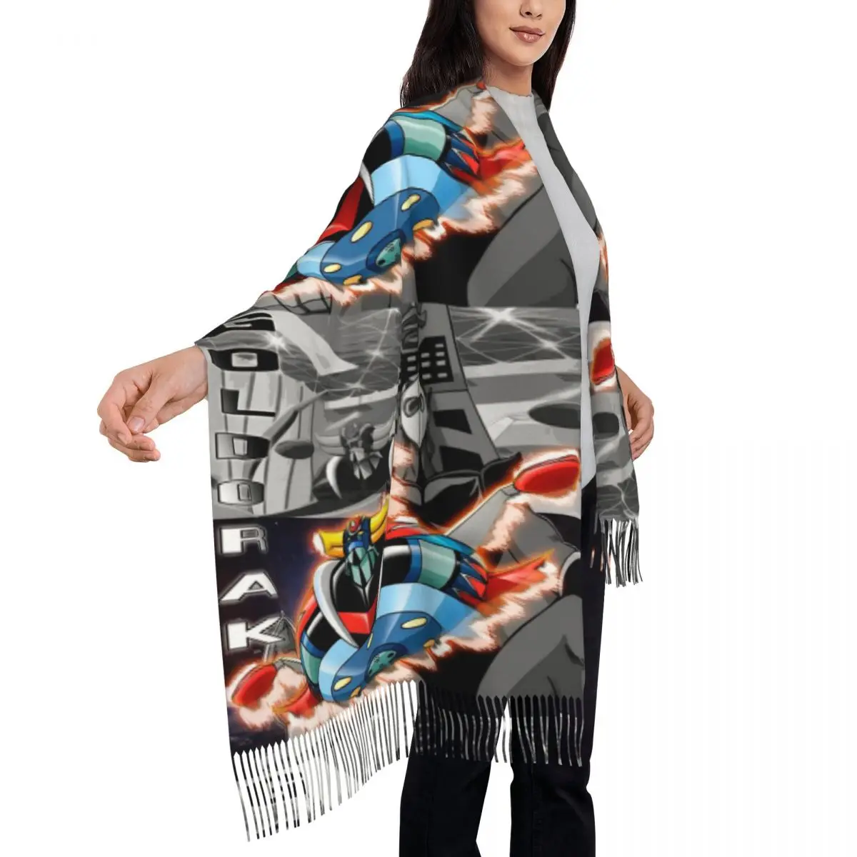 Custom Luxury Grendizer Go Tassel Scarf Women Winter Warm Shawl Wrap Lady UFO Robot Goldrake Mazinger Z Scarves