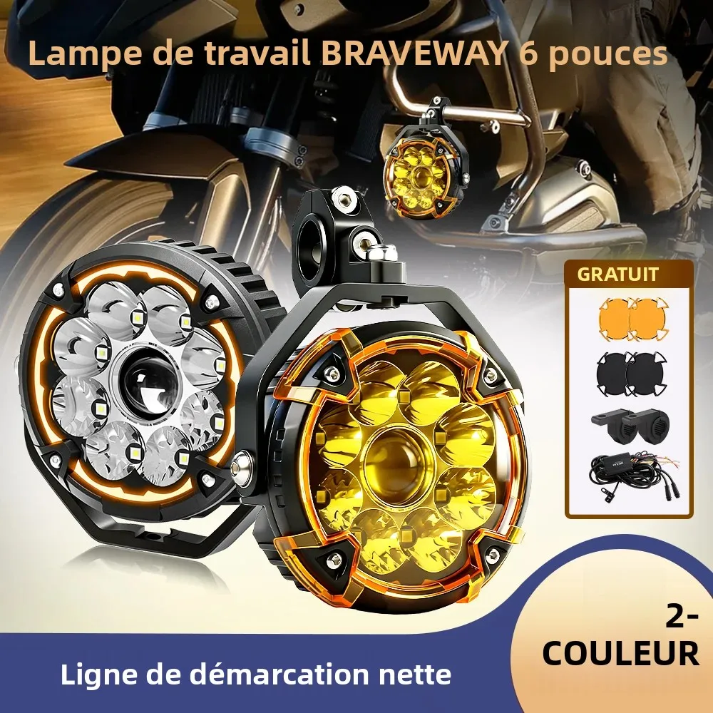 Projecteur de travail LED rond Braveway 6 pouces, faisceau combiné haut/bas, DRL ambre avec masque jaune et noir, câblage inclus, super lumineux, ligne de découpe claire