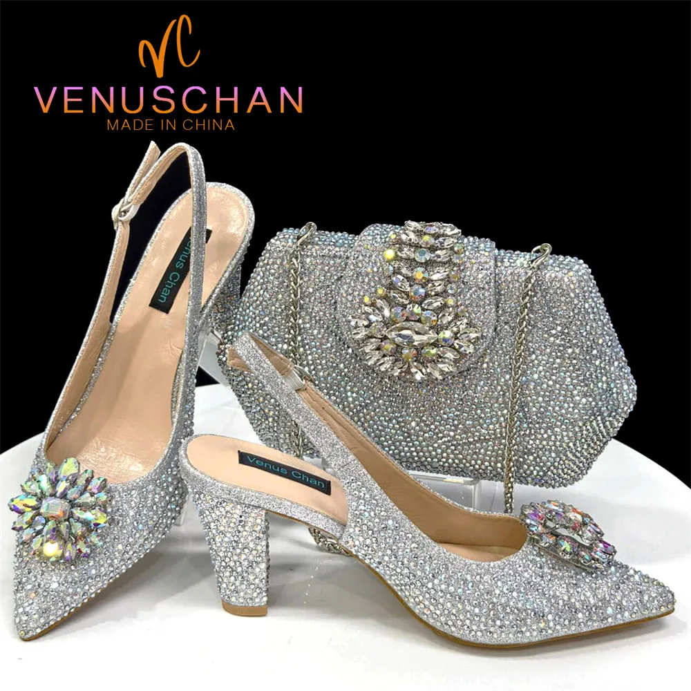 

Venus Chan INS 2024 Silver Color Elegant Women Heels Shoes and Bag Set Hollow Rhinestones High Heels Wedges Shoes Matching Bag