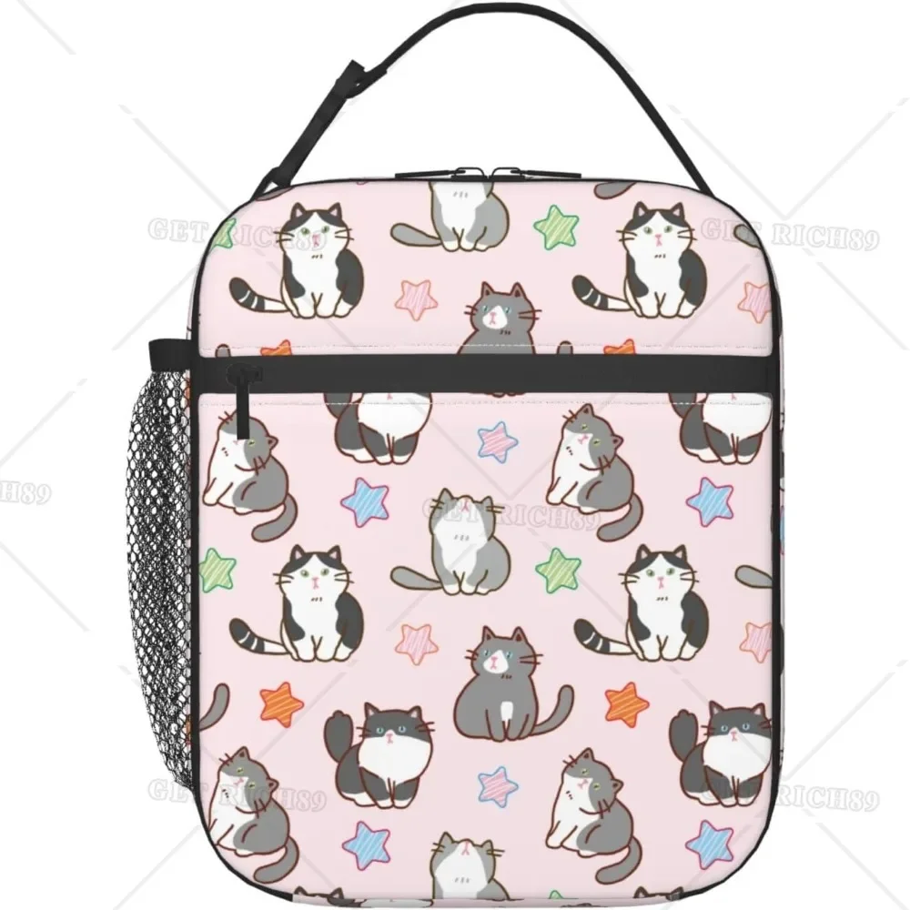 Cartoon Cat and Star Lunch Bag Insulated Lunch Box Meal Bag Food Container with Pocket for Women Girls School Work Picnic Travel