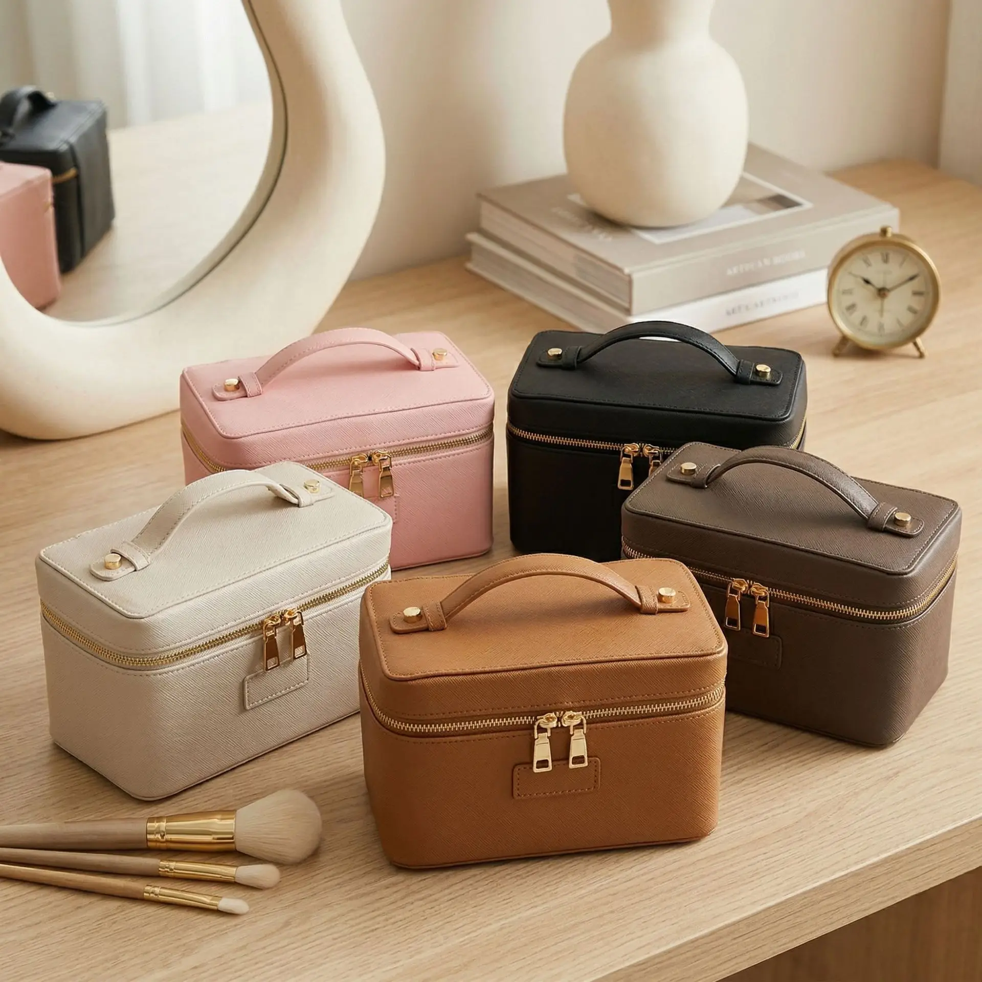 Large Capacity Pu Leather Double Zipper Handle Portable Beauty Cosmetic Bags for Travel Ladies Vanity Makeup Bags