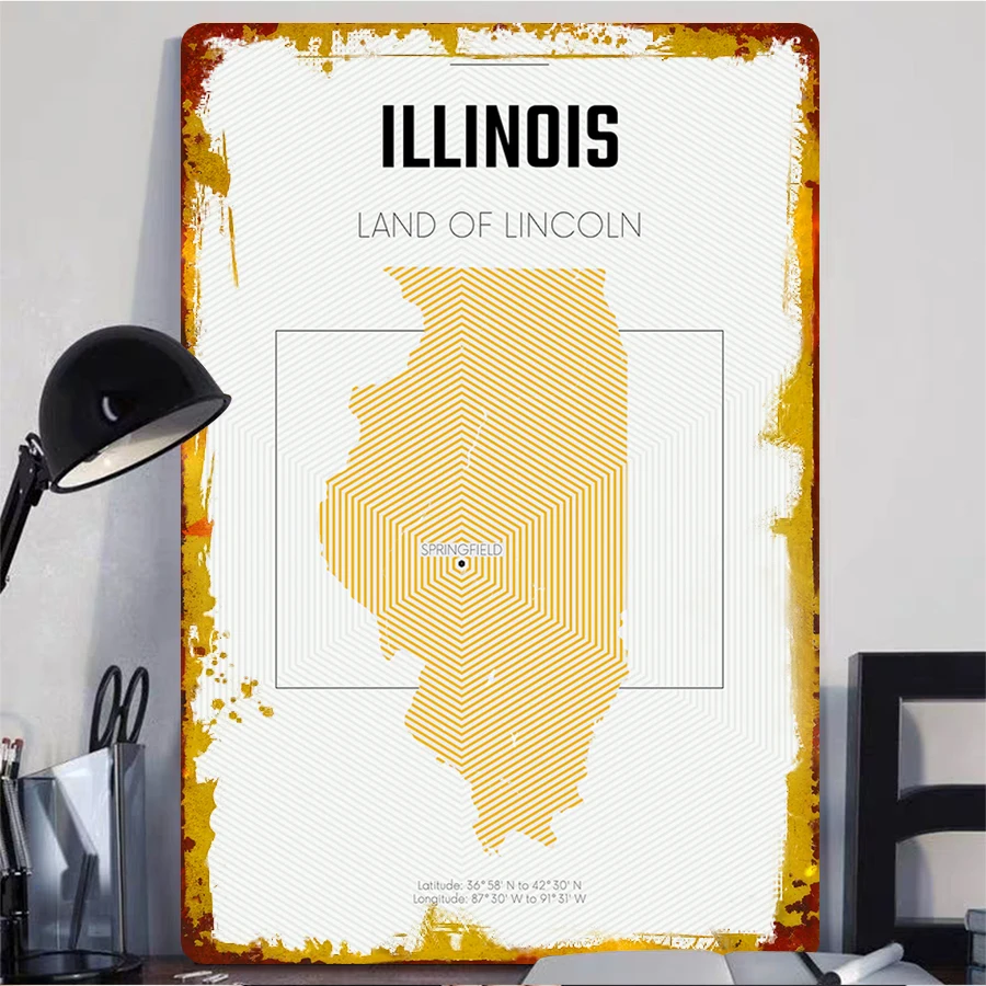 Illinois Map Metal Wall Art Springfield Coordinates Marked Home Decor Wall Hanging Art Gift