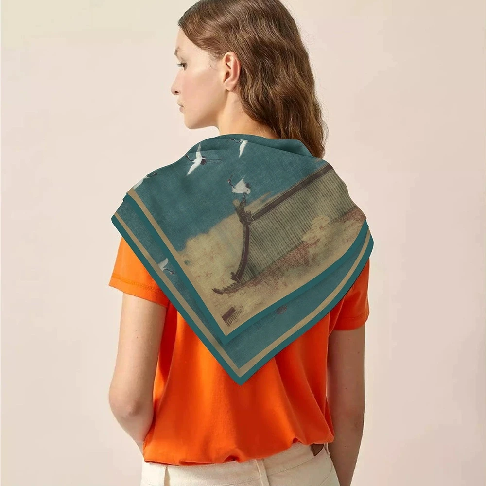 Jilbab Selendang Kepar Persegi 90CM Retro untuk Wanita Syal Foulard Bandana Cetak Burung Putih