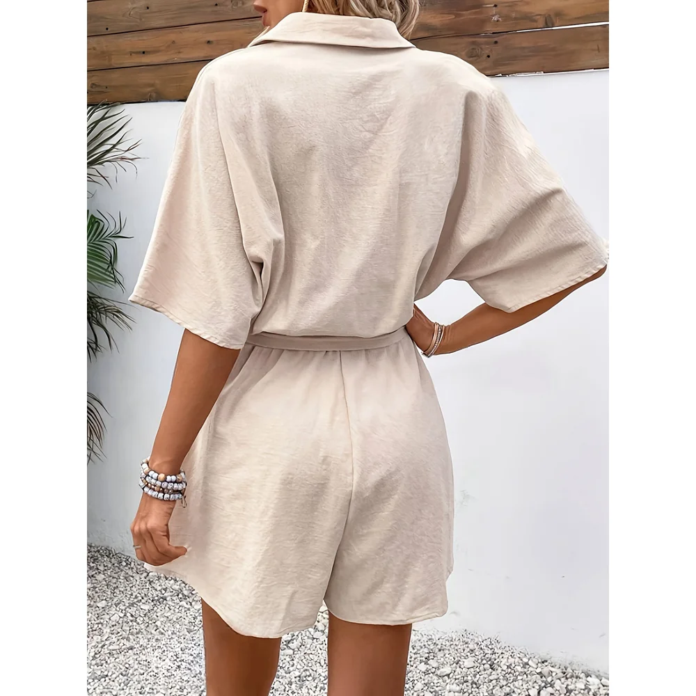 2025 Women Half Sleeve Lace-up Waist Ruched Short Jumpsuit Casual Button Front Turn-down Collar Romper Summer Fashion Outfits