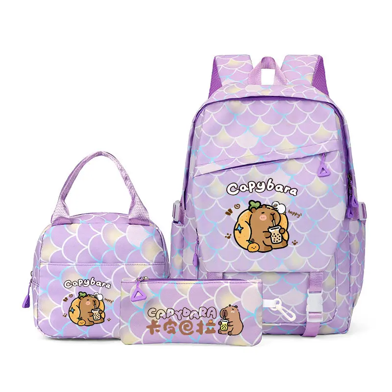 3 ピース/セットカピバラ Mochila キッズバックパック子供スクールバッグ十代の女の子男の子ラップトップバックパック女性旅行 Bagpacks