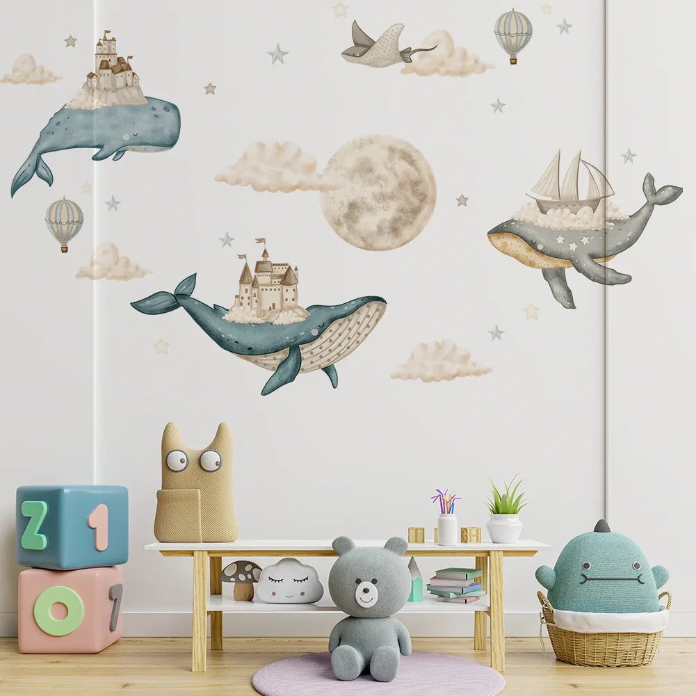 cartoon whale nursery wall sticker self adhesive baby room decoration cute wall decal for kids