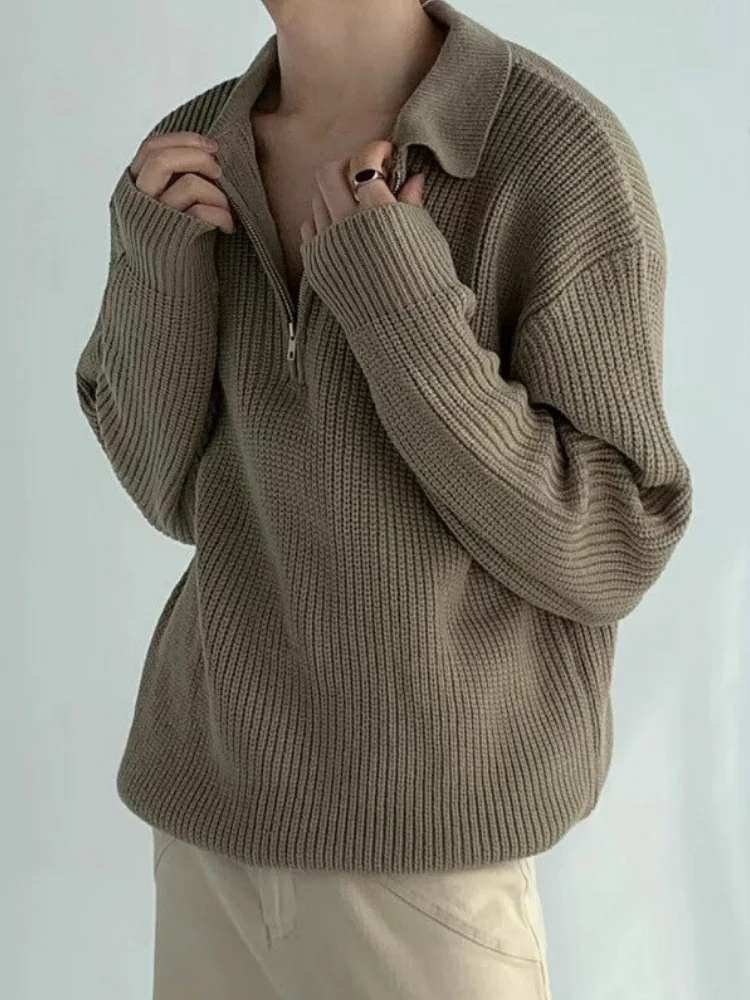 

Loose Fit f Zip Knitwear Men's Autumn Winter Vintage High End Feeling Casual Inner Wear Turn down Collar Sweater