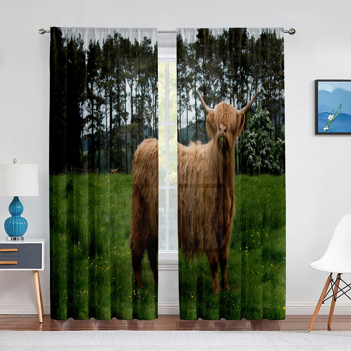 Highland Cow Sheer Voile Curtain Farmhouse Western Cattle Bull Window Tulle Curtains for Living Room Bedroom Kitchen Decoration