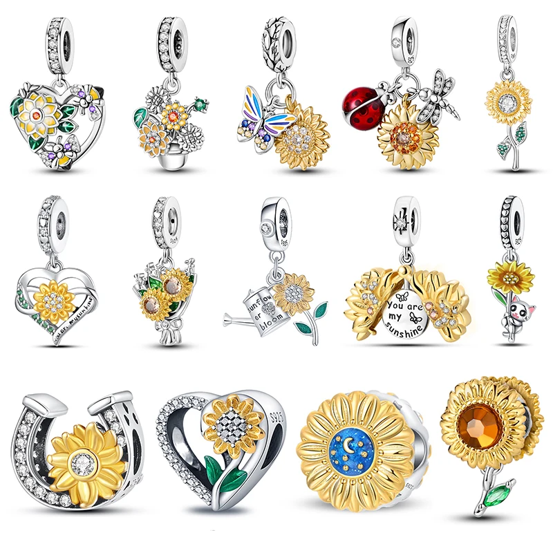 Nieuw In 925 Sterling Zilveren Mode Gouden Zonnebloemen Hart Bedels Kralen Fit Pandora 925 Originele Armbanden Diy Sieraden Geschenken