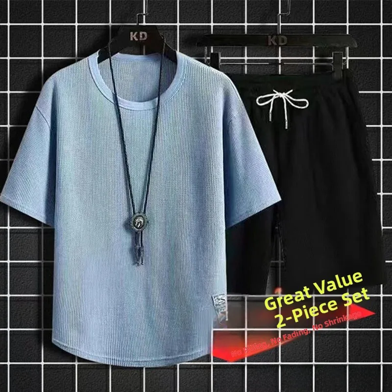 

Летний повседневный свободный мужской комплект из ледяного шелка 2024, новинка Sle ort Sve orts, модный и наряд Haome, молодежная ткань из полиэстера