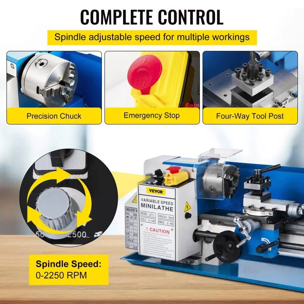 A engrenagem de nylon da velocidade variável com lâmpada móvel, mini torno do metal, 7x12, 550W, 50-2500 RPM, precisão parte