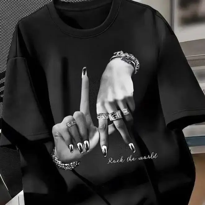 Vibe Hand Gesture With Rings Bracelets Art Print T‑Shirt With Trendy Unisex Fit Short Sleeve Daily Streetwear Top