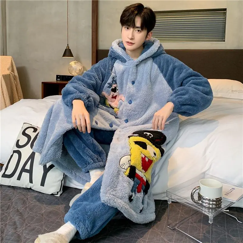 Autumn and Winter New Coral Plush Thickened and Warm Cartoon Loose Men\'s Home Clothing Set with Cold resistant Sleeping Robe