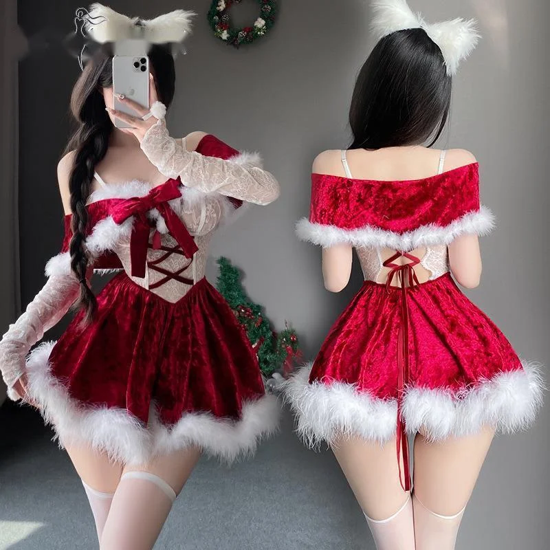 Christmas Plush Lace Dress Y2K Underwear Sexy COSPLAY Suspenders Plush Skirt Uniform Skirt Shawl Neck Ring T Pants Cuff Set New