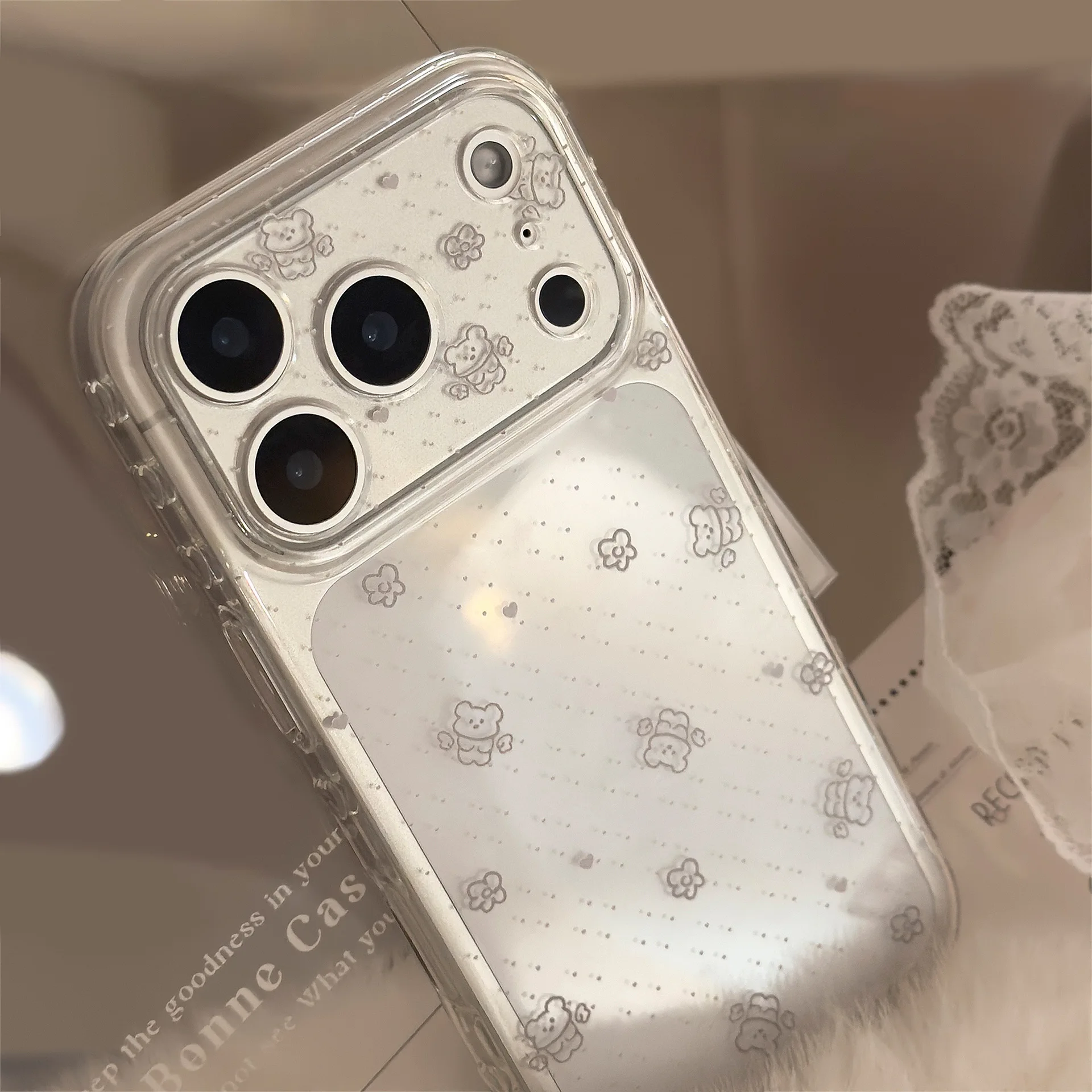 Funda de teléfono suave con grafiti de oso de dibujos animados de lunares coreanos para iPhone 17 16 15 14 13 12 Pro Max, funda protectora transparente a prueba de golpes