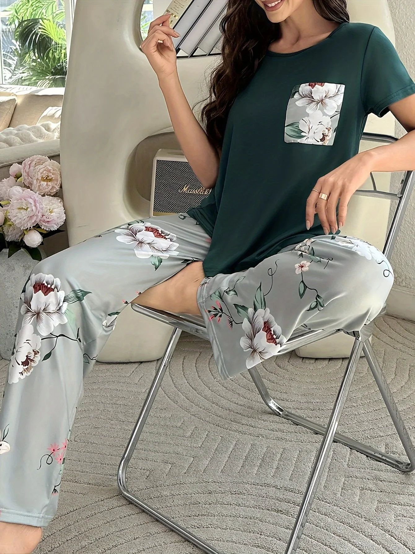 Printed trousers+pocket short-sleeved shirt pajamas set