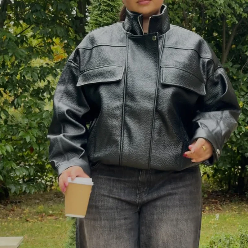 Chaqueta corta de cuero negra Retro para mujer, chaquetas holgadas de manga larga con cuello levantado y cremallera, prendas de vestir para ir al trabajo diario