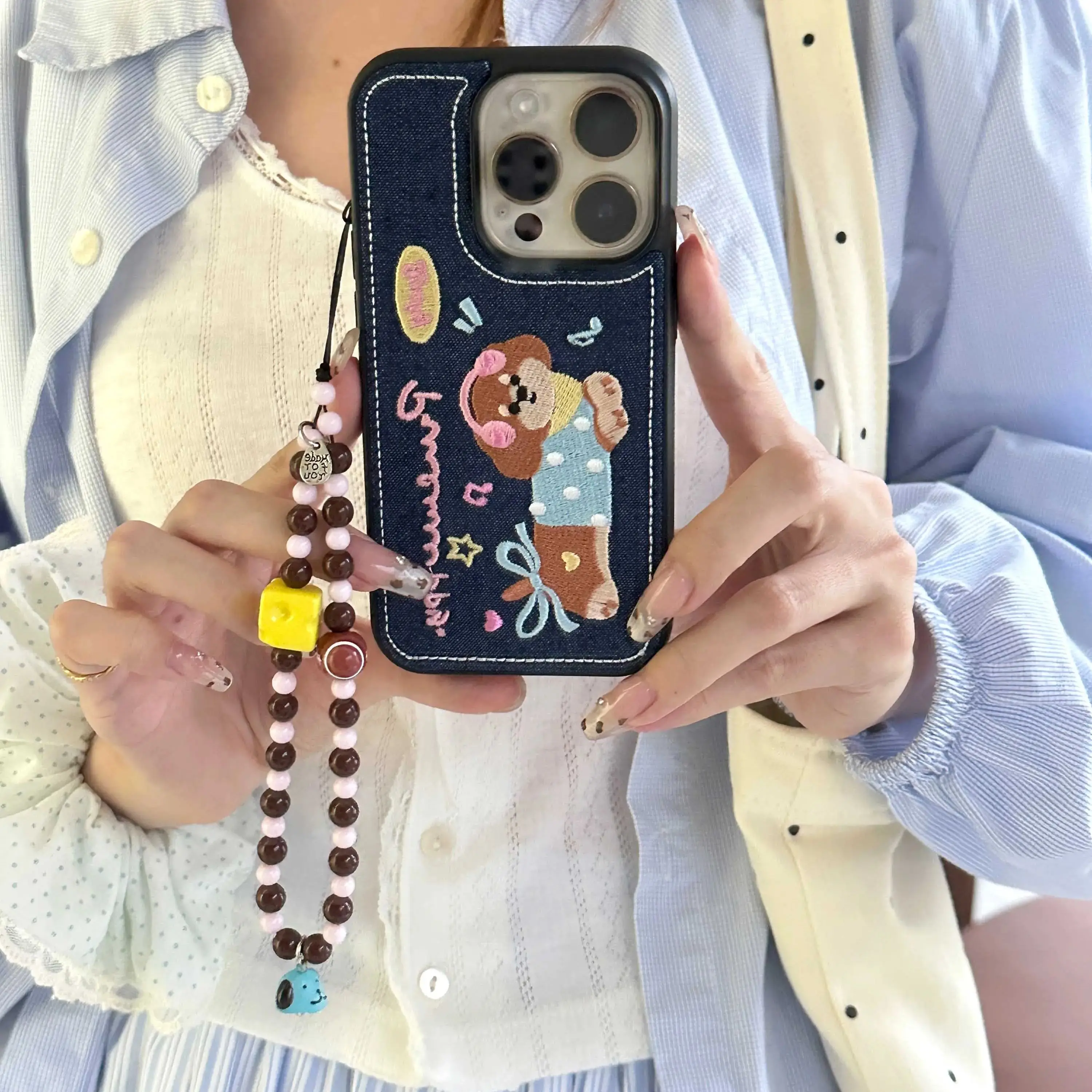 Light blue cloth cute embroidery dachhund cover for iphone 13 16 14pro 15 pro max 14 12 15pro 13promax 12pro chain phone case