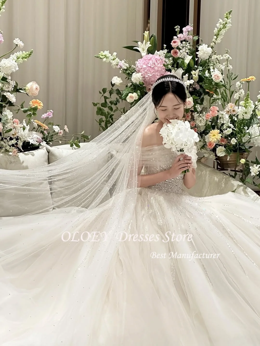 OLOEY Off the Shoulder Korea Wedding Dresses 웨딩드레스 Glitter Tulle Lace-up Ball Gowns Customized Pretty Bride Gowns Plus Size