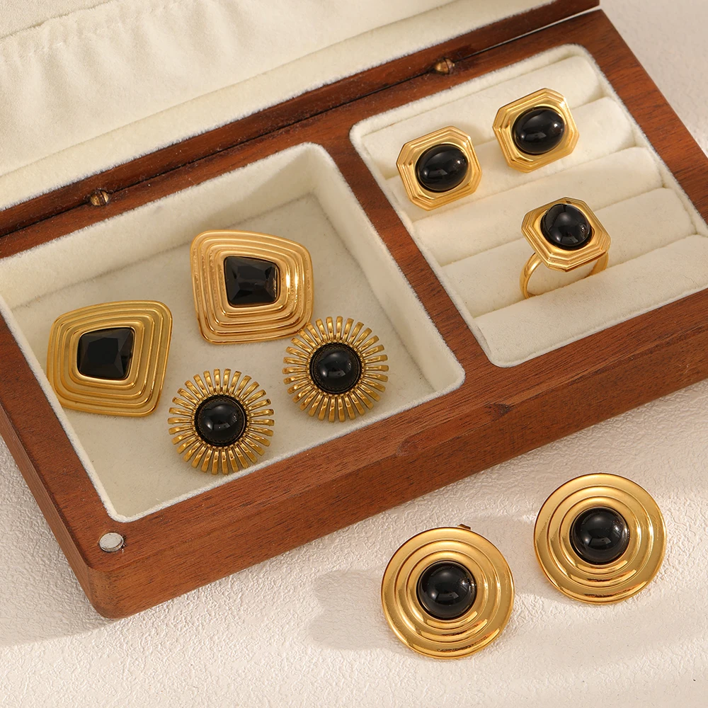Schmuckzubehör-Set für Damen aus Edelstahl mit Obsidian-Einlagen, strukturiertes Metall, 18K vergoldeter Schmuck, Geschenkidee – Detail 1
