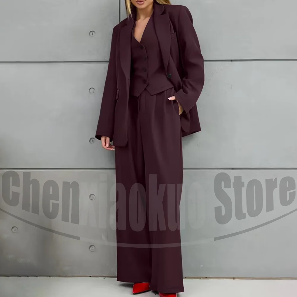 Women's Burgundy 3 Piece Suit Blazer Vest Wide Leg Pants Set Formal Office Wear Slim Fit Single Breasted Long Sleeves Suits