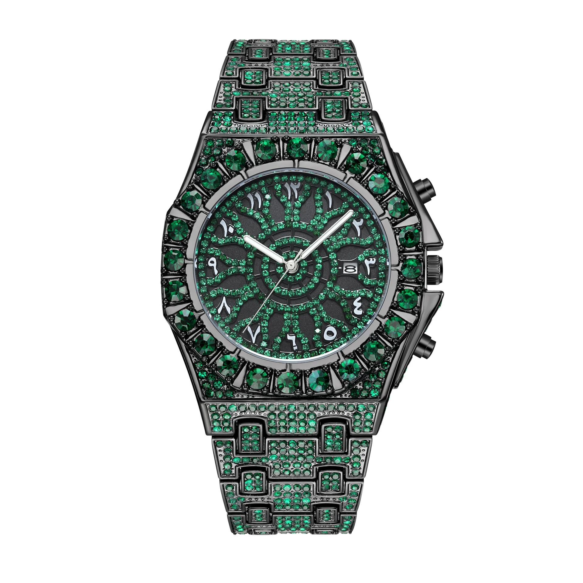 

New Fashion Luxury Famous Brand High Quality Diamond Mens Watches Hip Hop Unique Design Green Gem Wterproof Wristwatch Man Gift