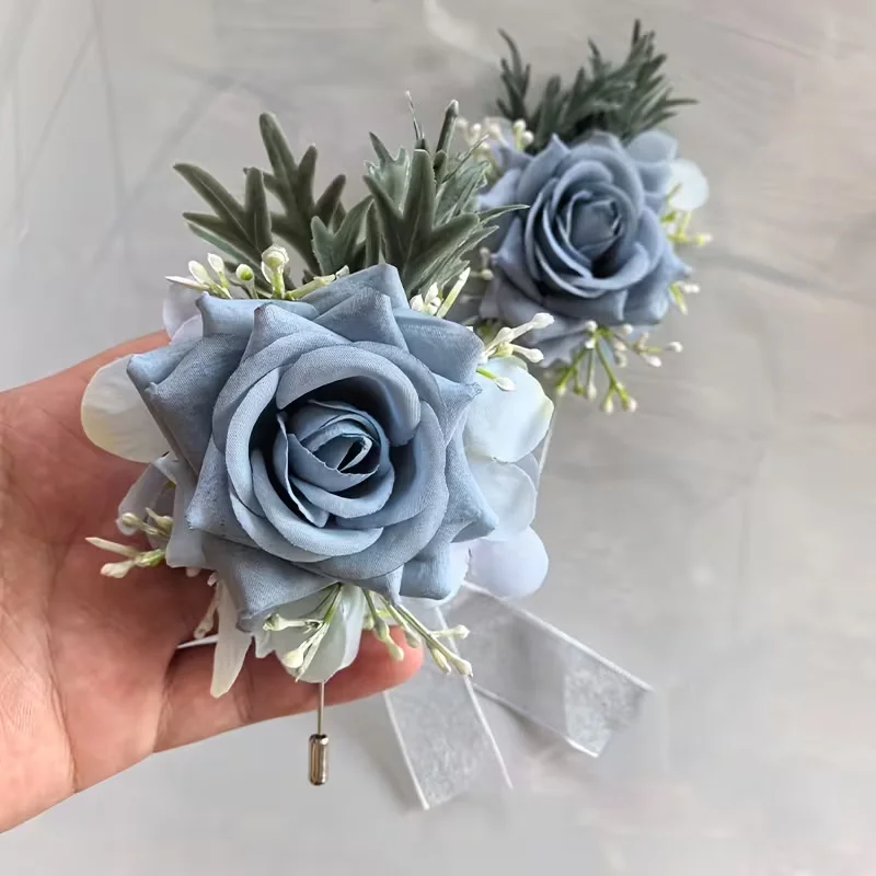 1 باقة ورد زرقاء صناعية - صدرية وقلائد أنيقة وناعمة اللون، مناسبة للعرائس والعرائس ووصيفات العروس والكرات،