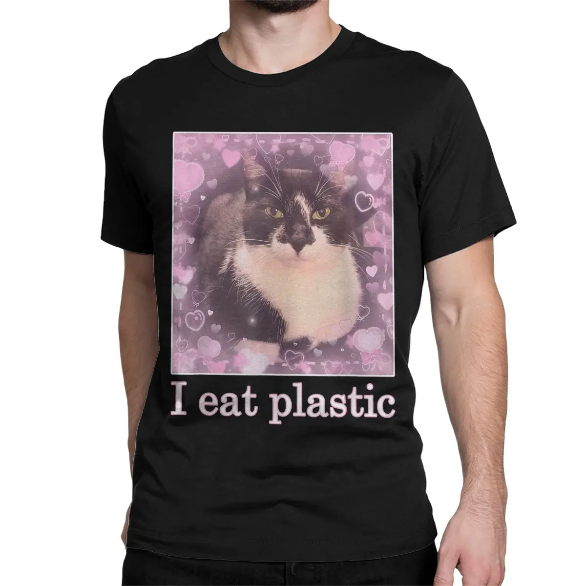 Cat MEME Cute I Eat Plastic Men Women's T Shirt I Eat Cements Tees Short Sleeve Crew Neck T-Shirts Cotton Printed Clothing