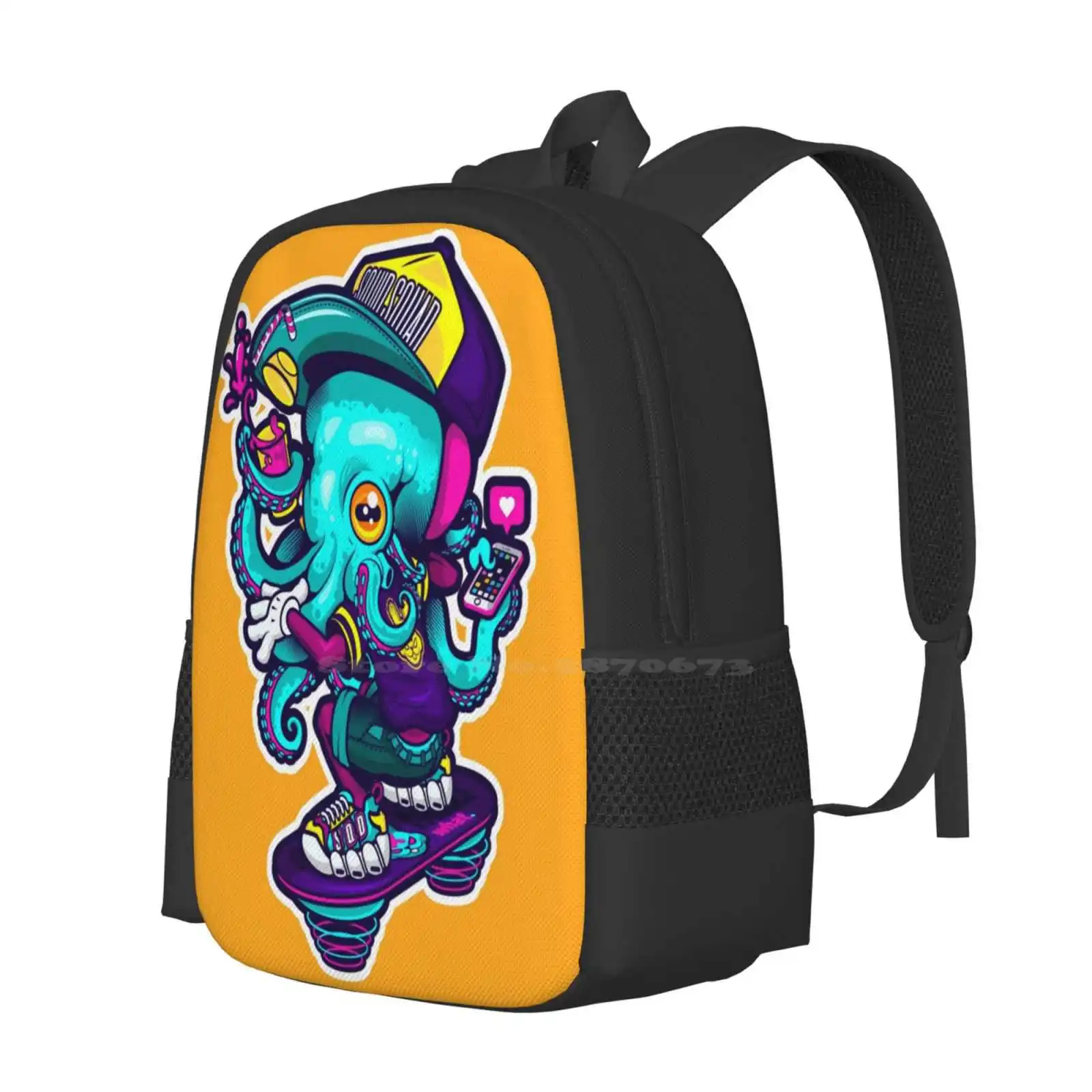 Cool Squid New Arrivals Unisex Bags Student Bag Backpack Cool Squid Calamar Pulpo Octopus Cap Bling Swag Style Vectorart Vector