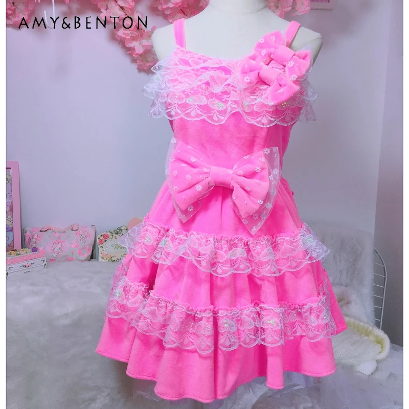 

Original Design Women's Clothing 2025 Autumn New Pink Velvet Fresh Y2k Sweet Cute Bow Lace Trim Ruffle Slimming Dresses Ladies