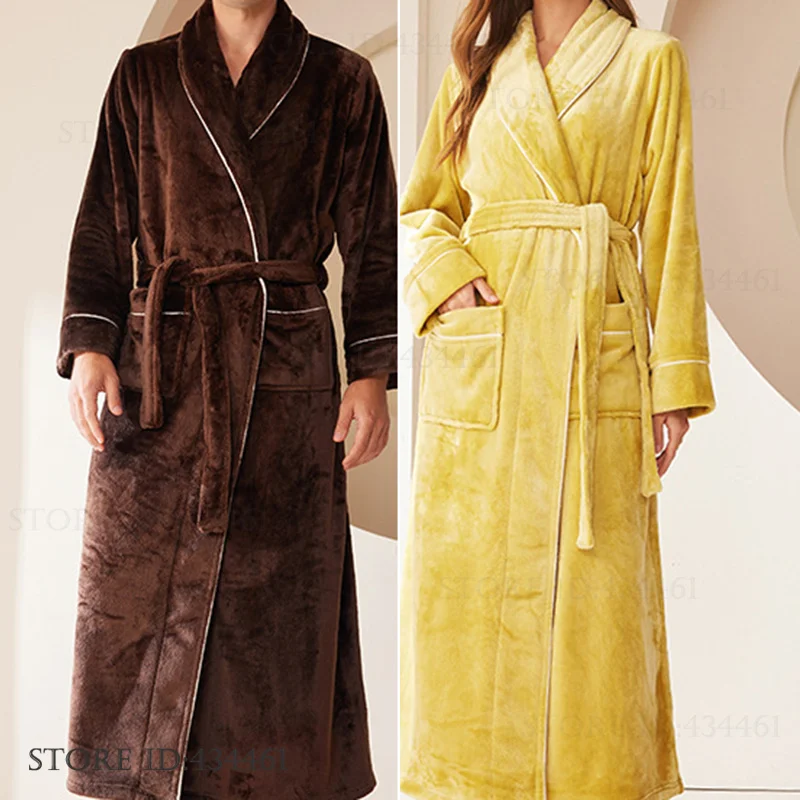 Oversize Thicken Flannel Men's Long Robe Home Wear Winter New Couple Sleepwear Kimono Bathrobe Gown Loose Coral Fleece Nightwear