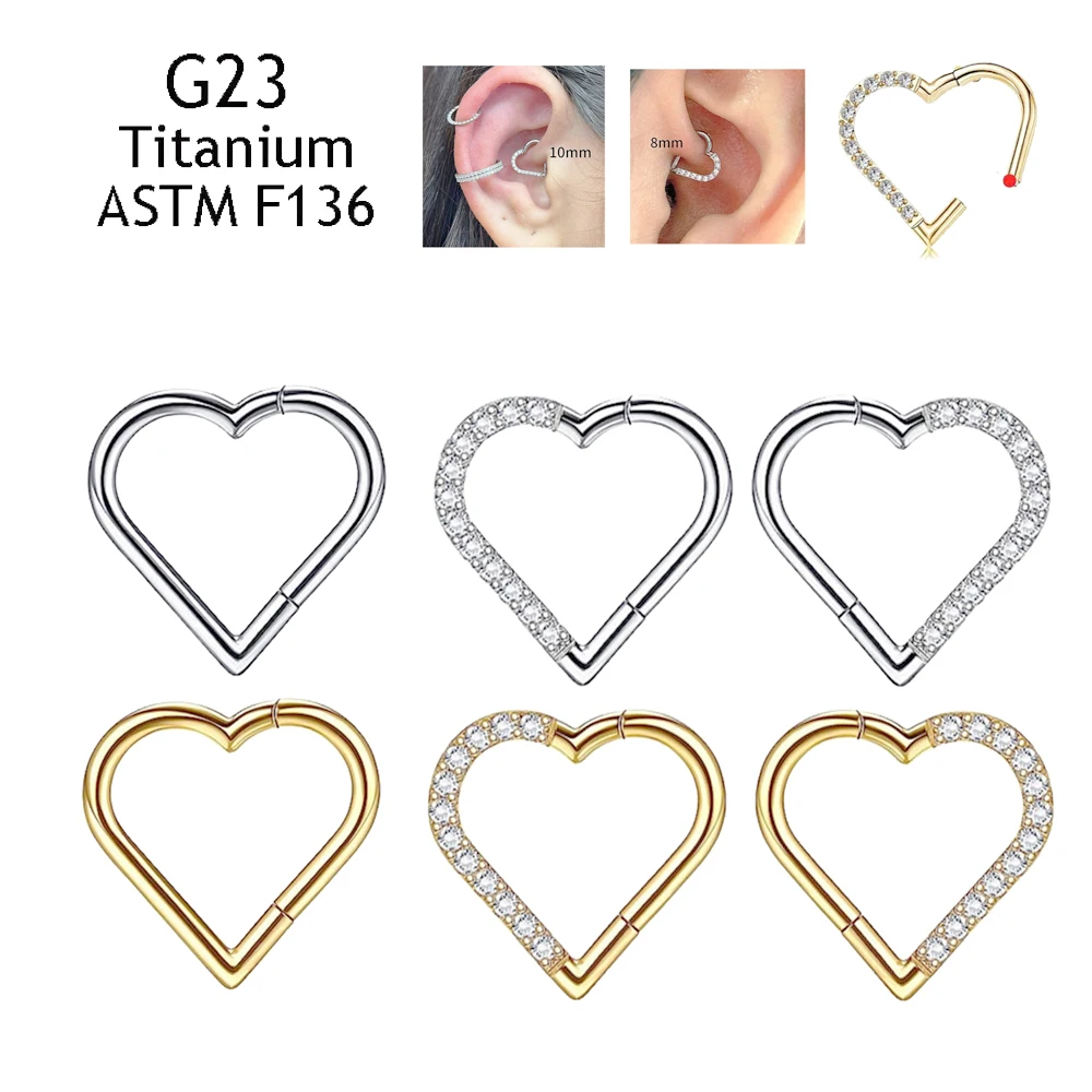 ASTM F-136 Titanium Nose Ring Daith Heart Earring Hoop Cartilage Tragus D Shape Helix Rings Hinged Segment Hoop with Clear CZ