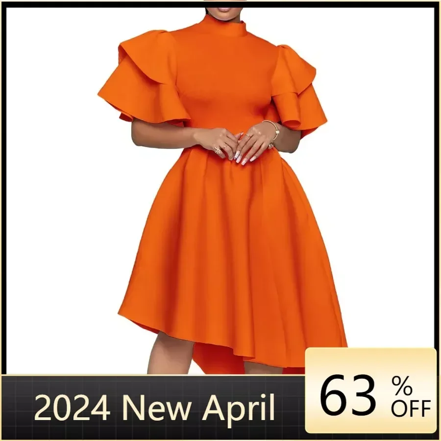 2024 African Party Evening Dresses for Women Summer Fashion African Short Sleeve Polyester White Yellow Orange Midi Dress S-3XL