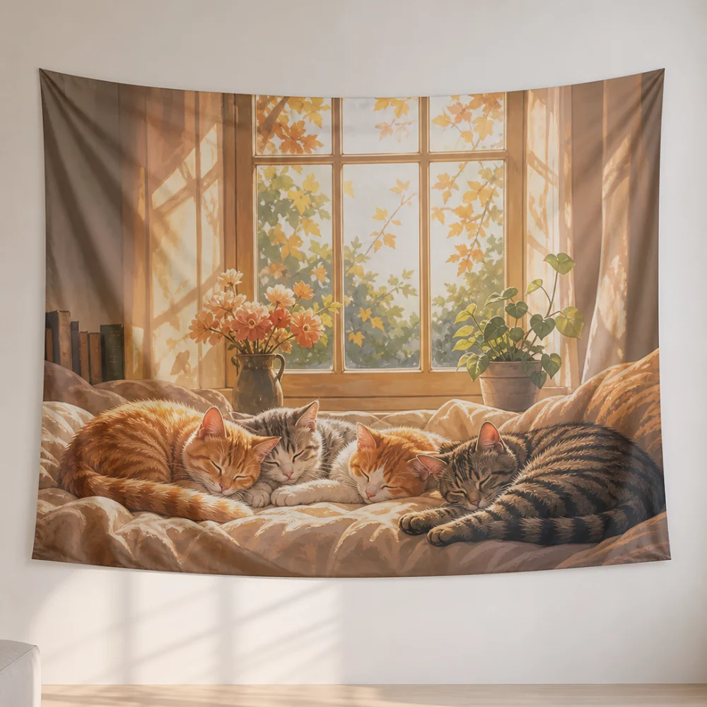 Autumn french window four sleeping cats printed tapestry 150X100CM suitable for bedroom warm healing wall background cloth