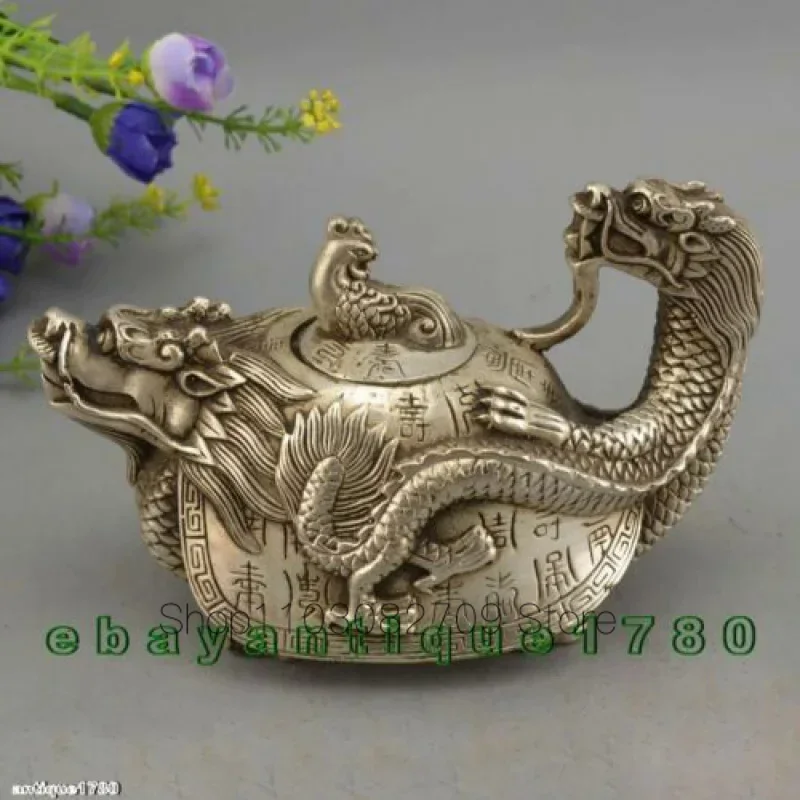 Collectables! Dynasty Decorated Old Tibet Silver Carved Dragon Tortoise Tea Pot