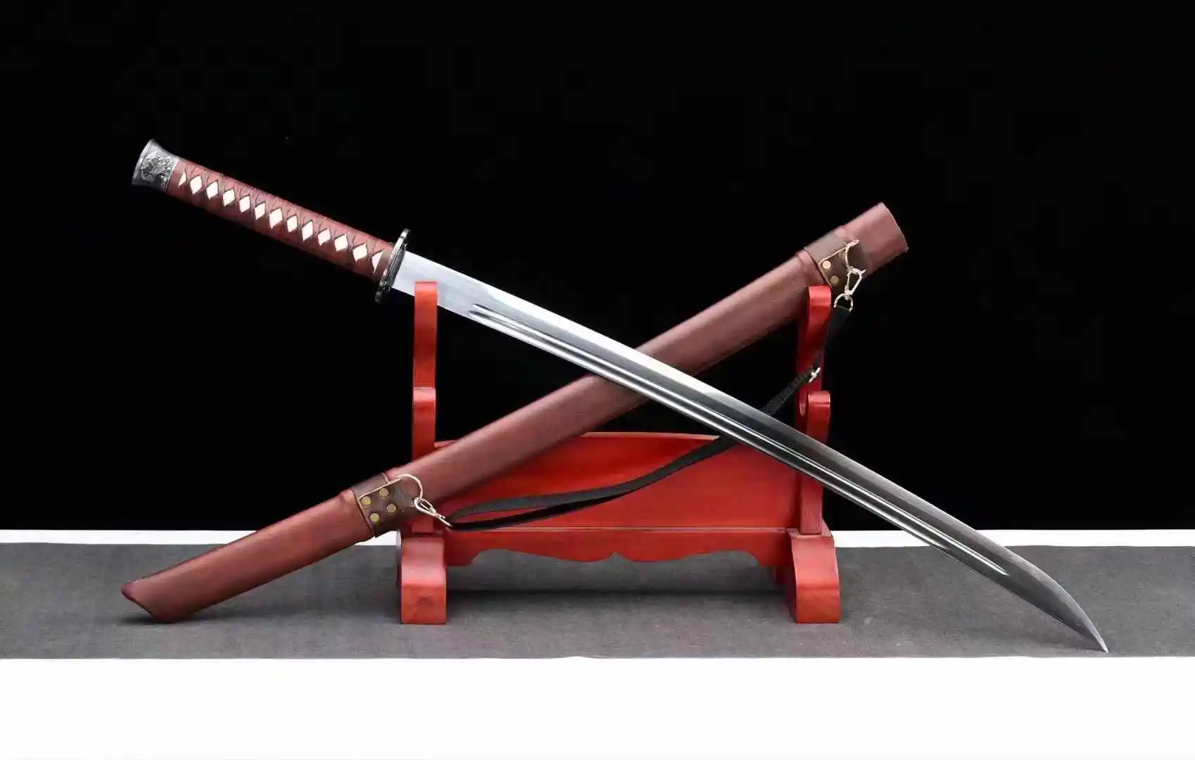 Tactical Battle Sword,Chinese Kungfu, Real Refined High Performance Manganese Steel Blade,Hard Wood Wrapped with Leather,Unsharp