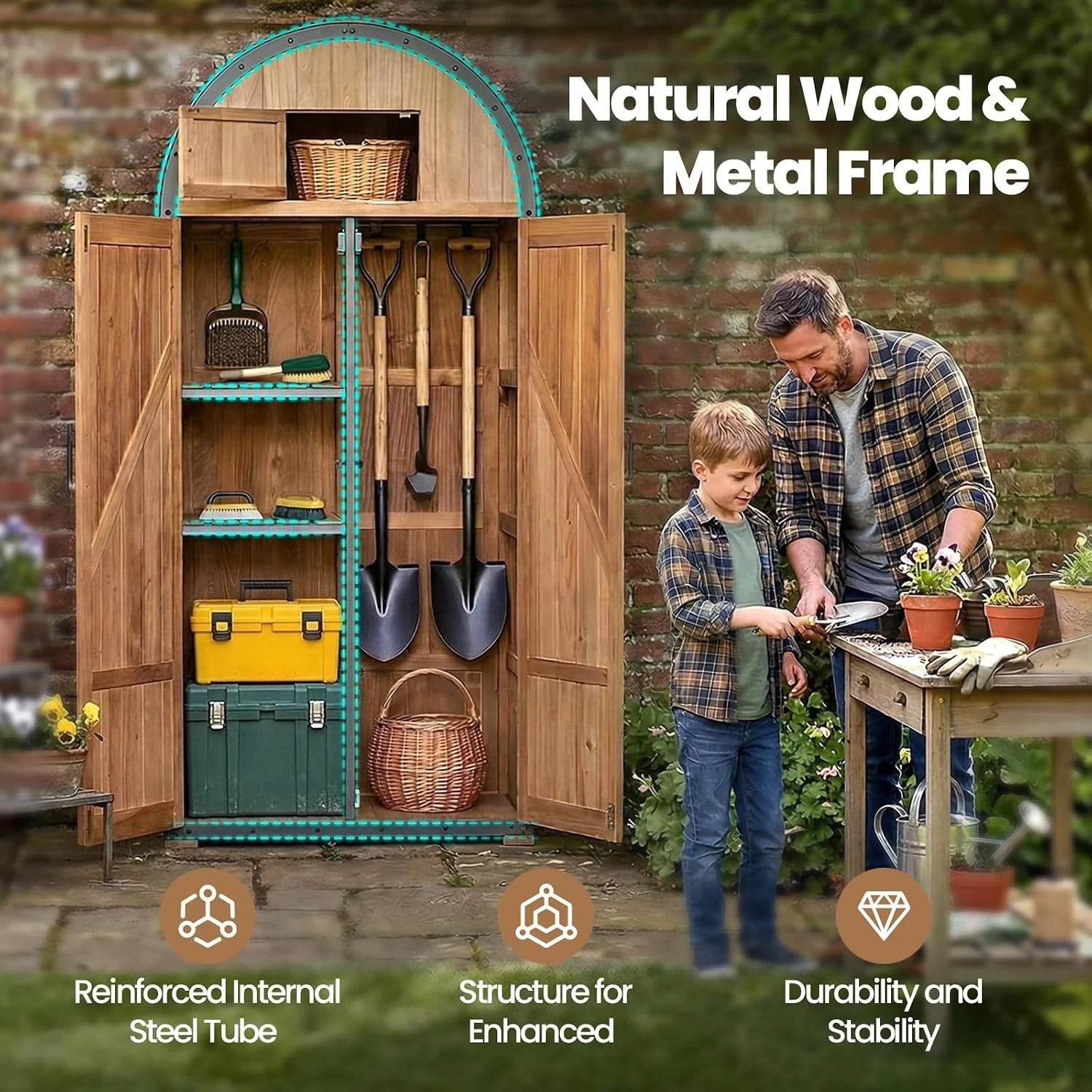 Vertical Wood Outdoor Storage Shed Metal Frame Garden Cabinet 30.3x15.7x66.9 In 5 Storage Zones Domed Waterproof Roof Lockable Doors for Patio Backyard - view 2